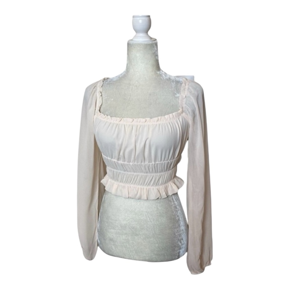 NWT! Forever 21 Cropped Puff Long Sleeve Blouse Top Cream Ivory Smocked Sz Small - Picture 3 of 11